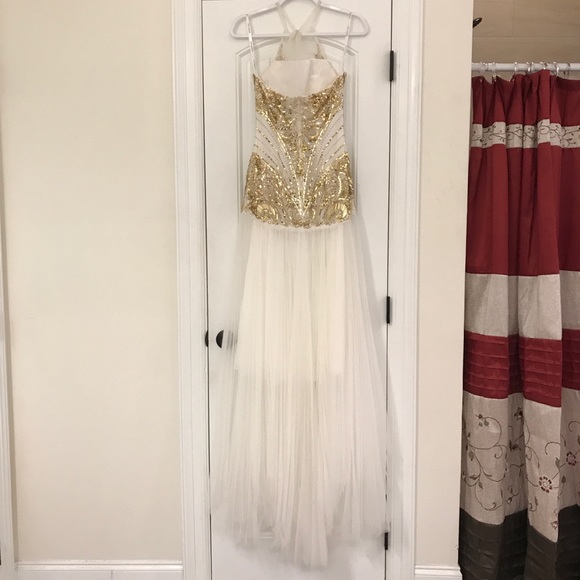 Custom Sherri Hill white/gold prom pageant gown - Picture 4 of 8